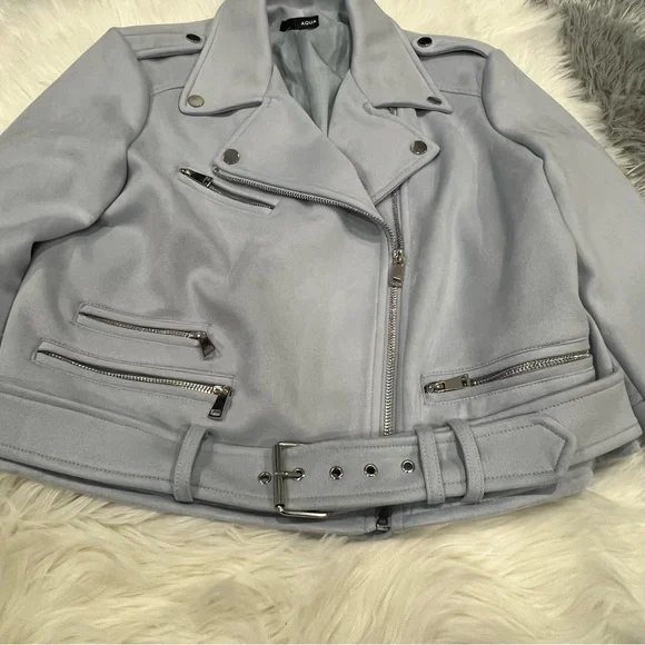 Aqua Light Blue Faux Suede Biker Jacket - Picture 2 of 12